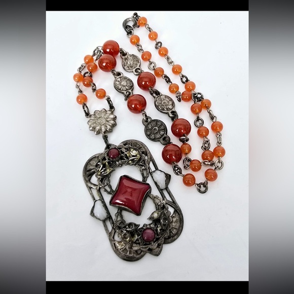 Antique 1920s Czech Glass And Carnelian Necklace - Picture 1 of 15